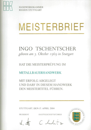 Meisterbrief Ingo Tschentscher